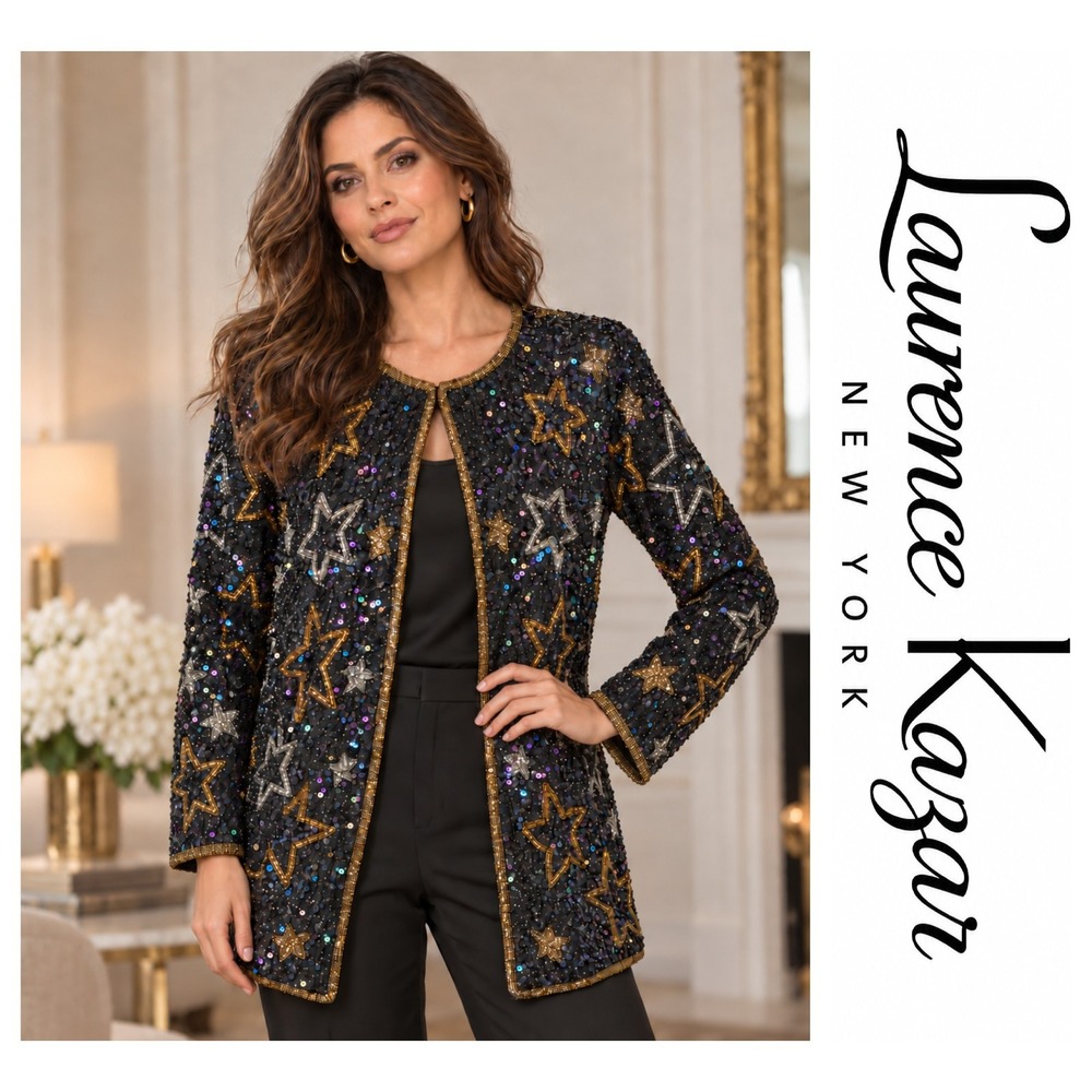 Laurence Kazar Vtg 100% Silk Celestial Star Sequin Beaded Evening Jacket XL